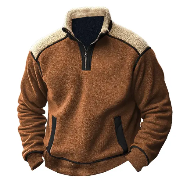 Men's Vintage Fleece Color Block Stand Collar Quarter Zip Sweatshirt - Cotosen.com 