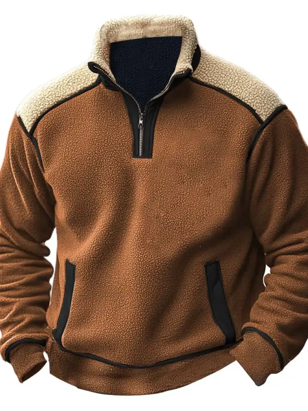 Men's Vintage Fleece Color Block Stand Collar Quarter Zip Sweatshirt - Menbarn.com 