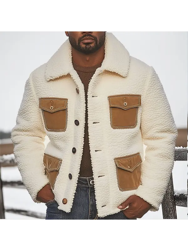 Men's Retro Teddy Fleece Pocket Patchwork Color Block Jacket - Shopyiyistories.com 