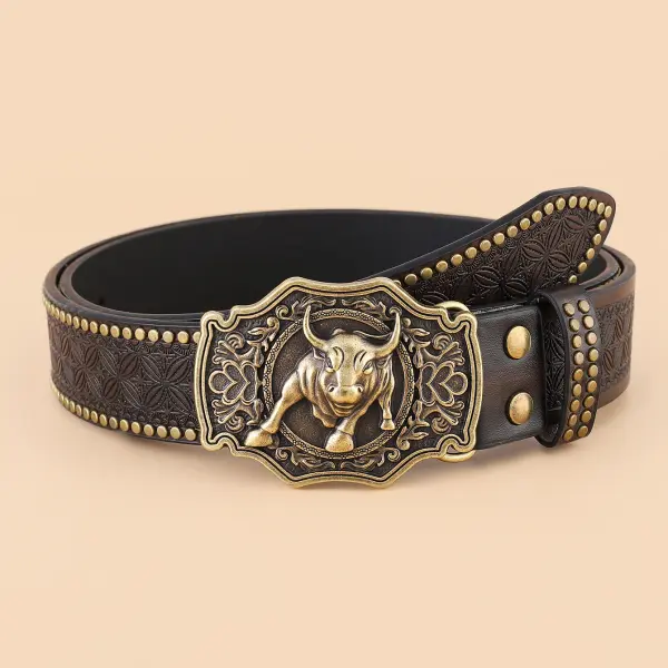 Men's Vintage Western Denim Belt Engraved Leather Belt - Cotosen.com 