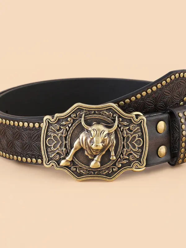 Men's Vintage Western Denim Belt Engraved Leather Belt - Pragmaace.com 