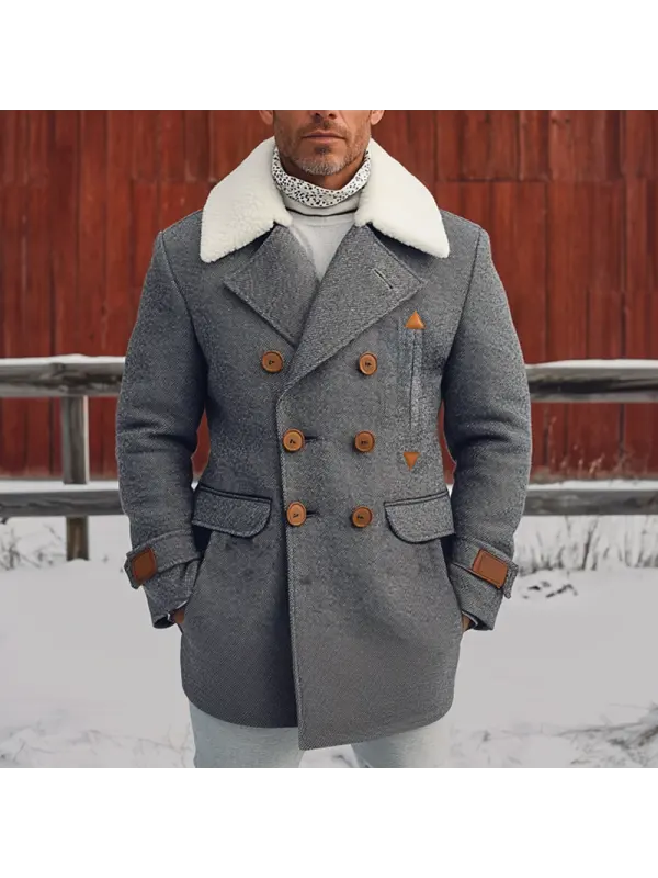 Men's Retro Pocket Leather Label Polar Fleece Collar Wool Coat Jacket - Aptkoi.com 