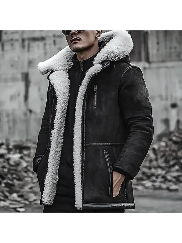 Men's Vintage Suede Zip Pocket Fleece Hooded Coat Jacket - Aptkoi.com 