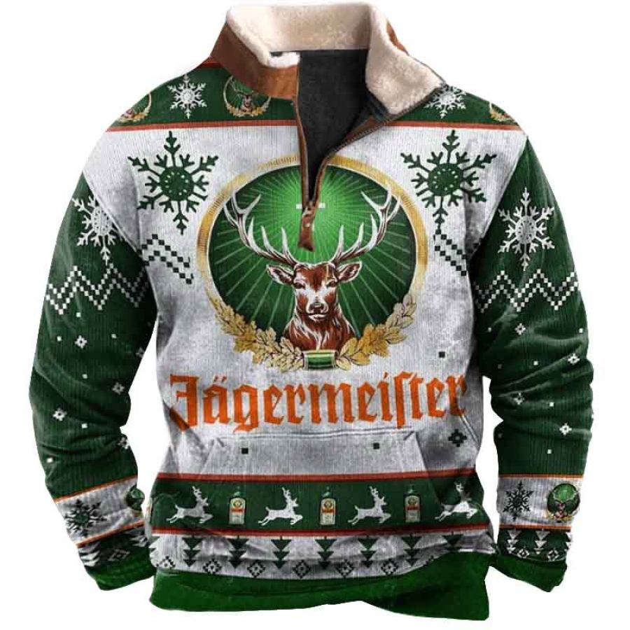 

Men's Vintage Deer Ugly Christmas Print Fleece Collar Quarter Zip Stand Collar Jagermeister Sweatshirt