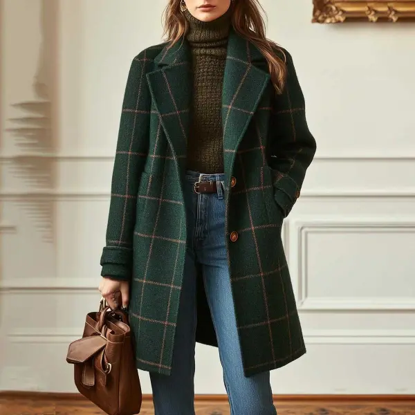 Women's Vintage Wool Plaid Mid-Length Lapel Jacket Coat - Spiretime.com 