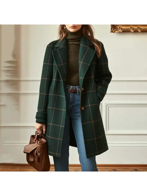 Women's Vintage Wool Plaid Mid-Length Lapel Jacket Coat - Cominbuy.com 