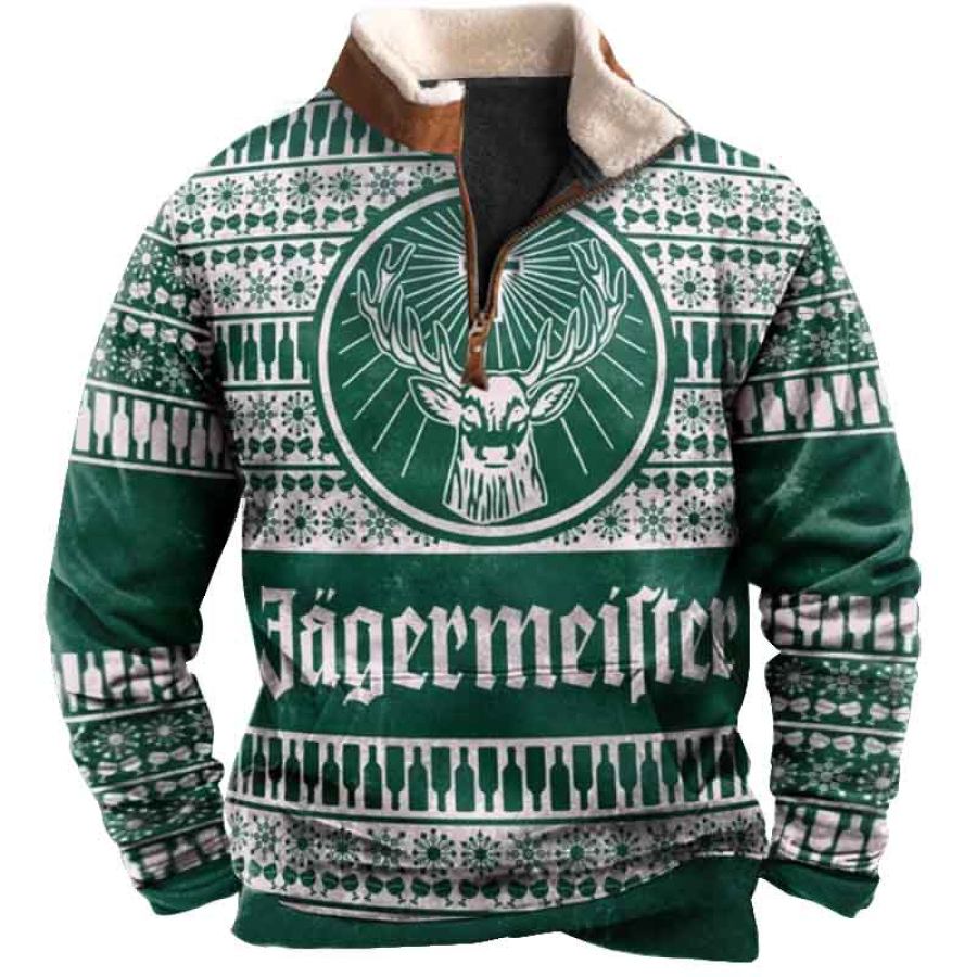 

Men's Vintage Deer Ugly Christmas Print Fleece Collar Quarter Zip Stand Collar Sweatshirt
