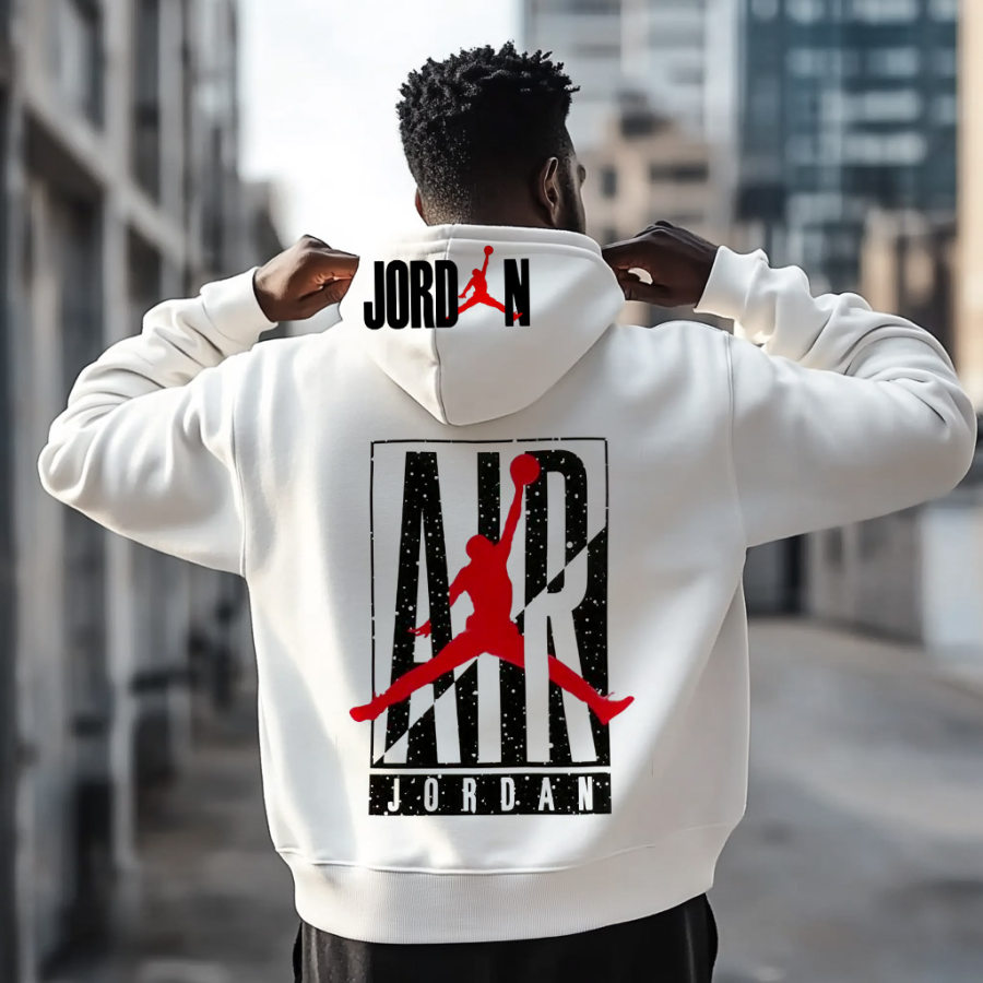 

Men's Vintage Basketball Print Pocket Long Sleeve Hoodie