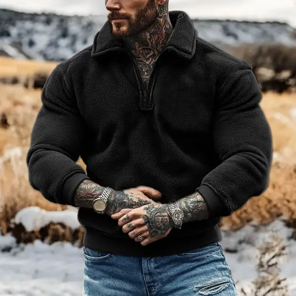 Men's Vintage Fleece Quarter Zip Lapel Sweatshirt - Ootdyouth.com 