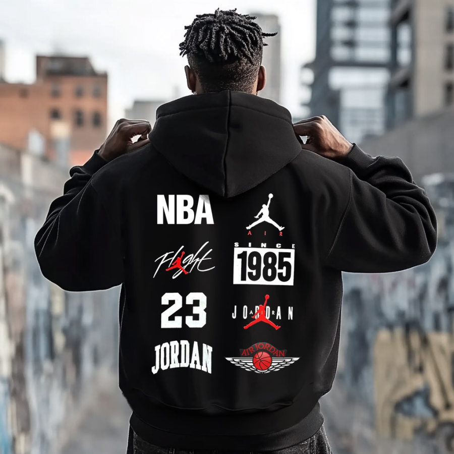 

Men's Vintage Basketball Print Pocket Long Sleeve Hoodie