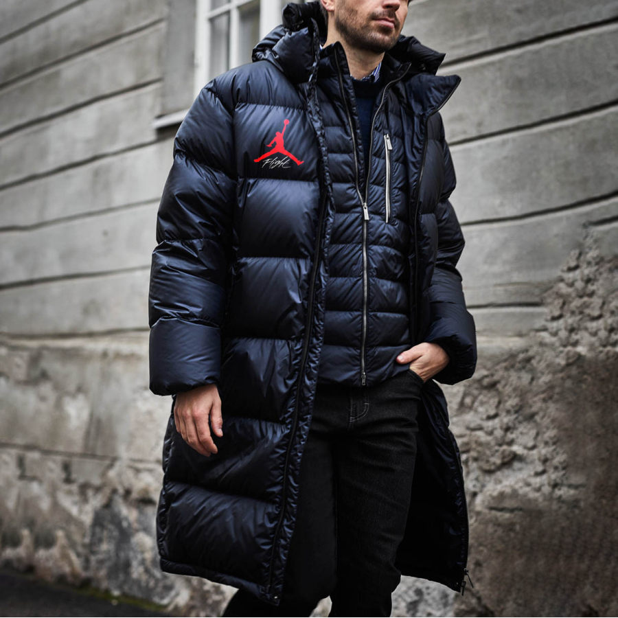 

Men's Vintage Basketball Fight Print Quilted Down Puffer Outdoor Long Hooded Jacket