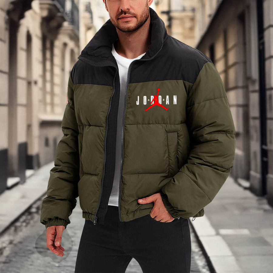 

Men's Vintage Basketball Print Quilted Down Puffer Color Block Outdoor Stand Collar Jacket