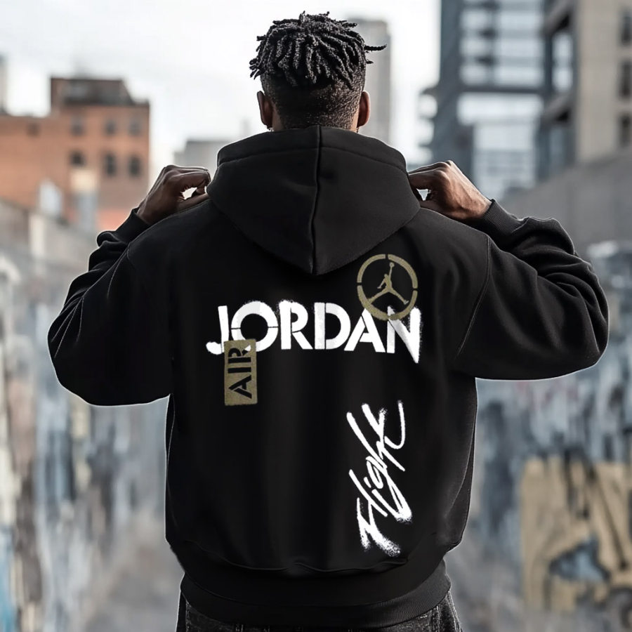 

Men's Vintage Basketball Print Pocket Long Sleeve Hoodie