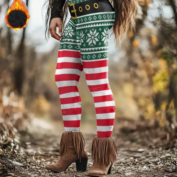 Women's Flannel Christmas Elf Red & Green Striped Snowflake Print Leggings - Wayrates.com 