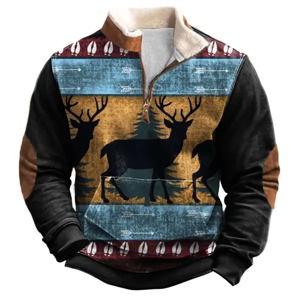 Men's Vintage Deer Print Fleece Collar Quarter Zip Stand Collar Sweatshirt - Wayrates.com 