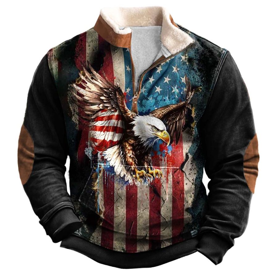 

Men's Vintage American Flag Eagle Print Fleece Collar Quarter Zip Stand Collar Sweatshirt