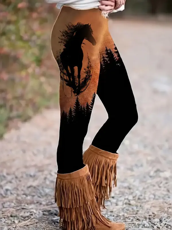 Long Length Slim Fit Geometric Patterned Polyester Cowboy Horse Print Leggings - Elastic Waist, Mid Stretch, Casual Styl - Pragmaace.com 