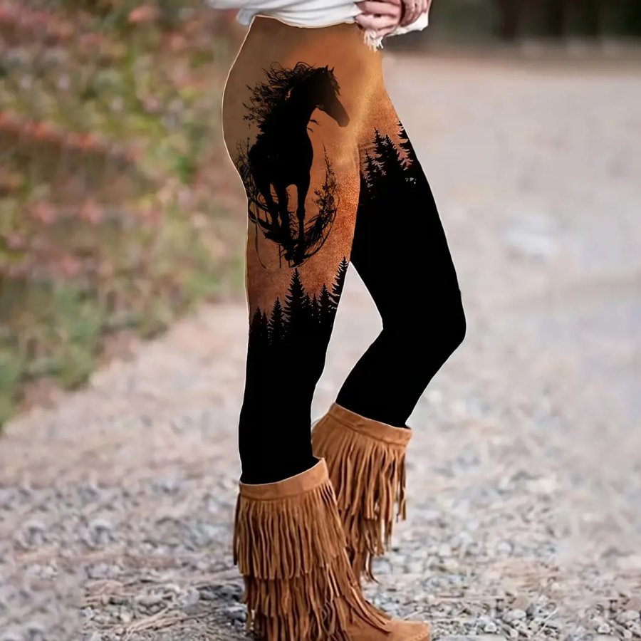 

Long Length Slim Fit Geometric Patterned Polyester Cowboy Horse Print Leggings - Elastic Waist Mid Stretch Casual Styl