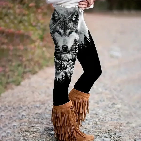 All-Season Comfort-Fit Women's Wolf & Forest Print Skinny Leggings - Elastic, Stretchy And Durable - Wayrates.com 