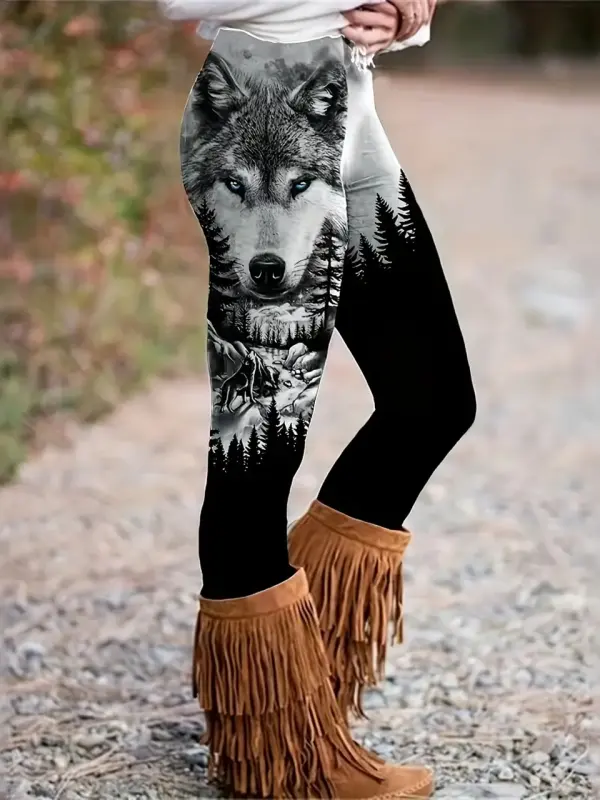 All-Season Comfort-Fit Women's Wolf & Forest Print Skinny Leggings - Elastic, Stretchy And Durable - Pragmaace.com 