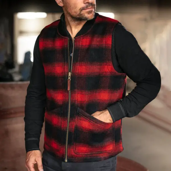 Men's Vintage Red And Black Plaid Flannel Vest - Wayrates.com 