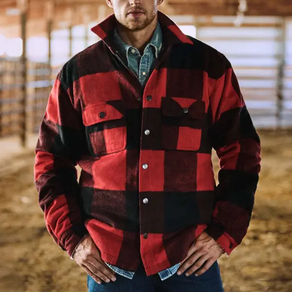 Men's Vintage Plaid Wool Pocket Fleece Lapel Flannel Jacket - Wayrates.com 