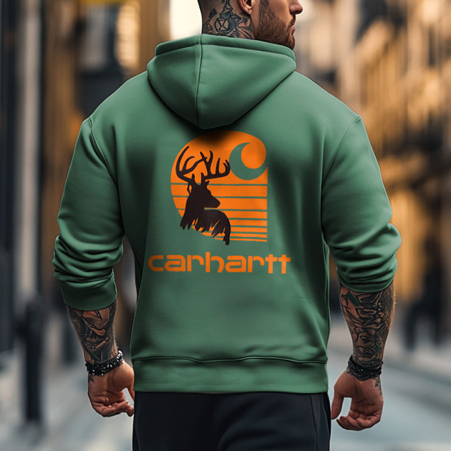 

Men's Vintage Deer Print Pocket Long Sleeve Hoodie