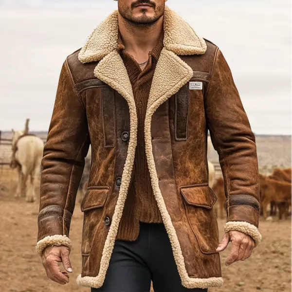 Men's Vintage Suede Patchwork Lamb Fleece Multi-Pocket Reverse Collar Outdoor Jacket Coat - Wayrates.com 