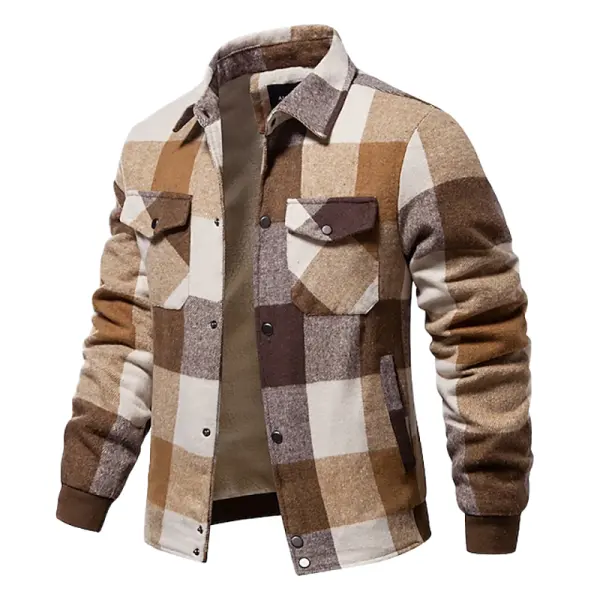 Men's Vintage Plaid Fleece Lapel Shirt Flannel Jacket - Wayrates.com 