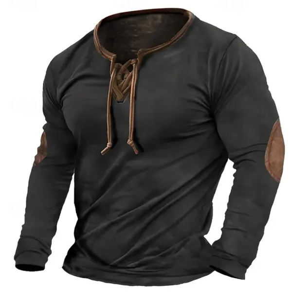 Men's T-shirt Crew Neck Normal Outdoor Causal Long Sleeve Lace Up Vintage Style Clothing - Elementnice.com 