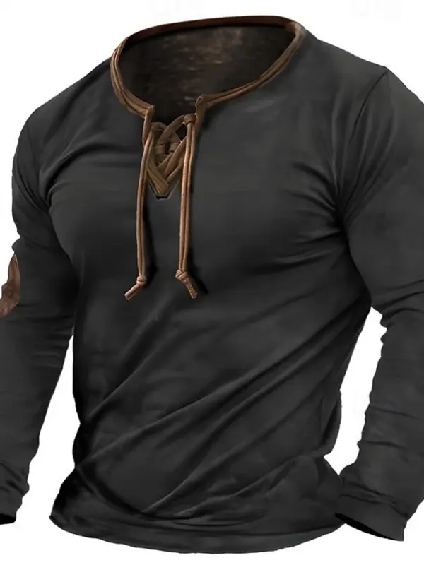 Men's T-shirt Crew Neck Normal Outdoor Causal Long Sleeve Lace Up Vintage Style Clothing - Menbarn.com 