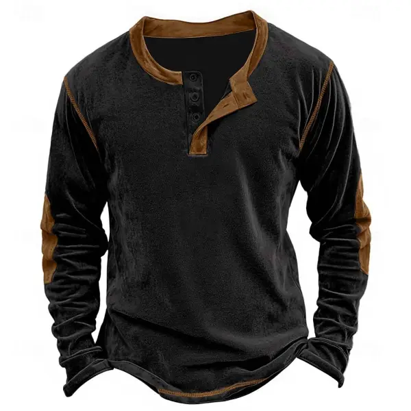 Men's Vintage Color Block Henry Collar Long Sleeve T-shirt - Cotosen.com 