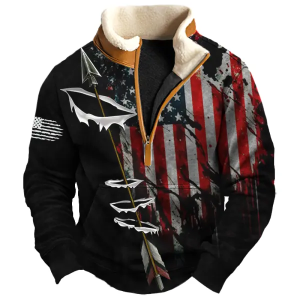 Men's Vintage American Flag Fishing Print Fleece Quarter Zip Collar Sweatshirt Only $32.99 - Cotosen.com 