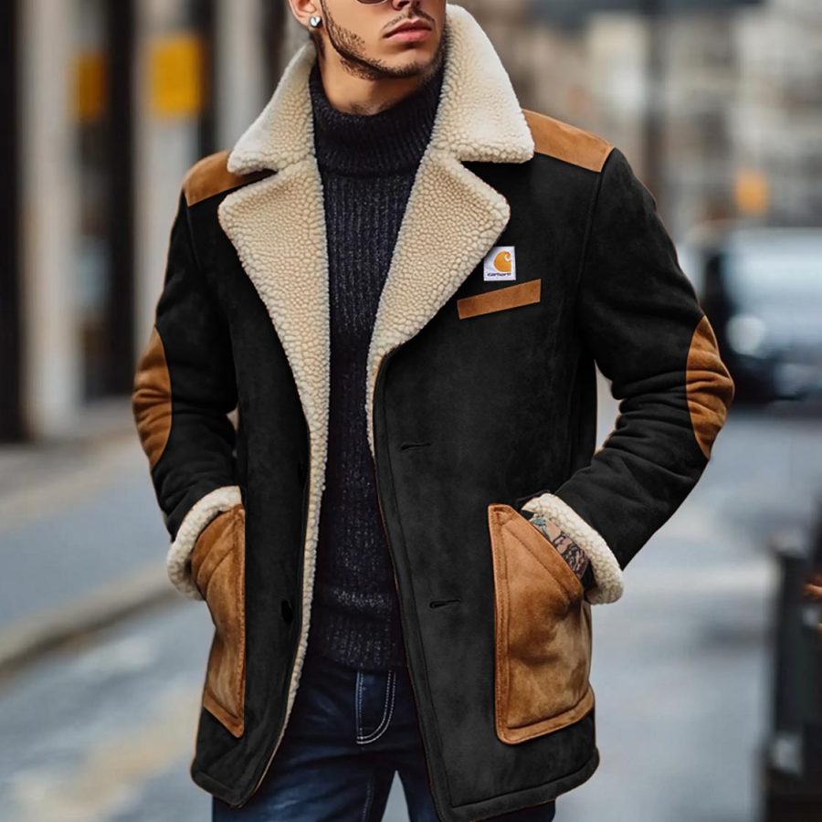

Men's Carhartt Vintage Suede Fleece Color Block Fur Reverse Collar Mid-Length Coat Sherpa Lined Jacket