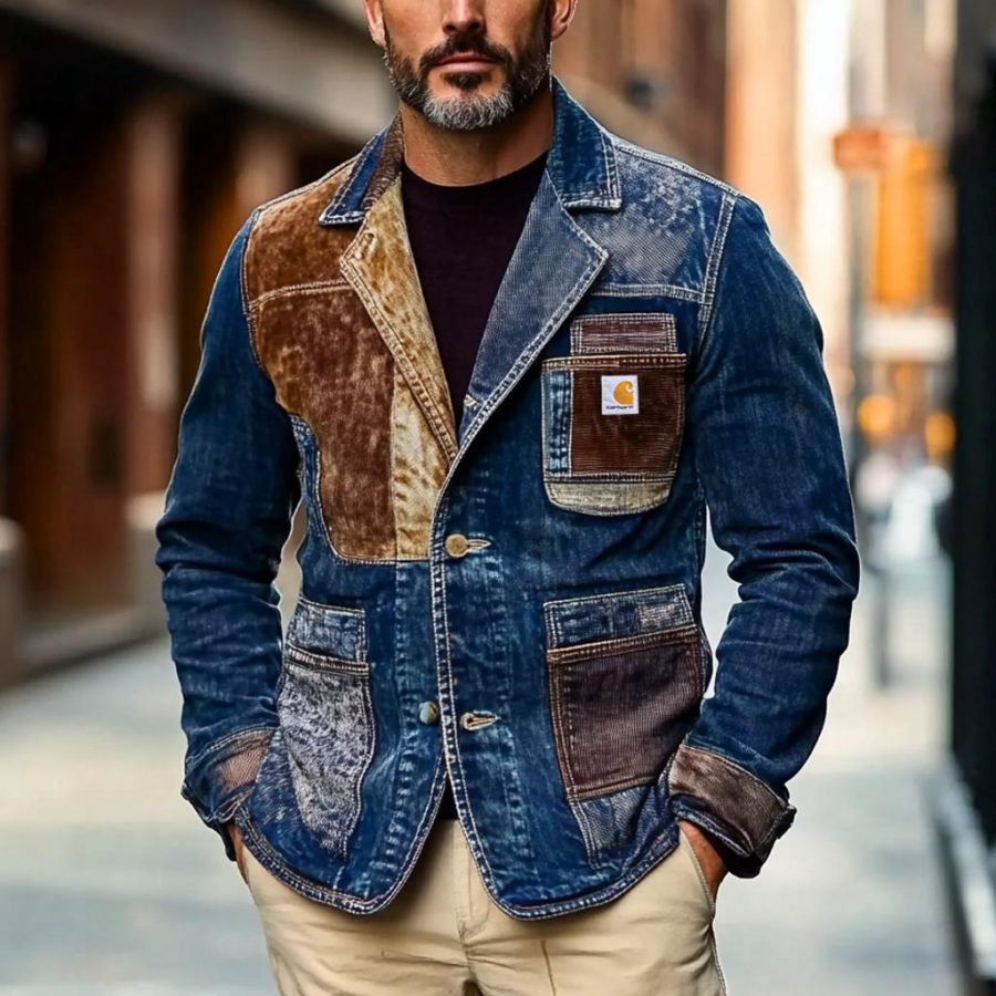 

Men's Vintage Denim Print Color Block Reverse Collar Mid-Length Blazer Jacket