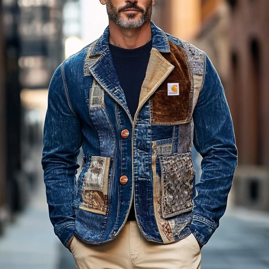 

Men's Vintage Denim Print Color Block Reverse Collar Mid-Length Blazer Jacket