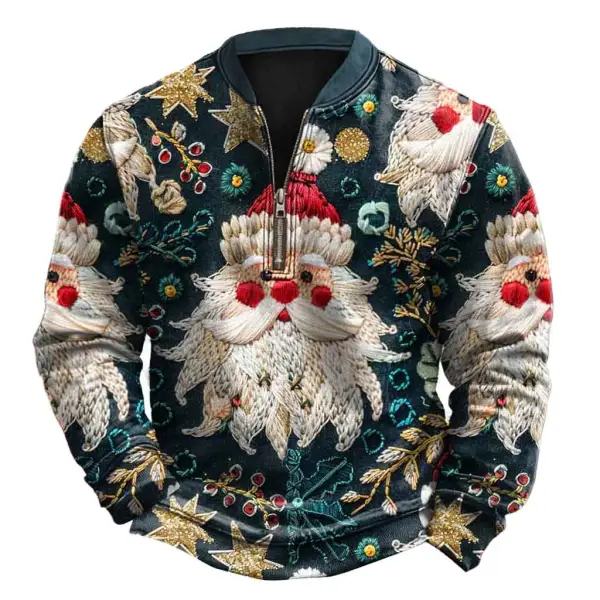 Men's Vintage Henley Zipper Santa Ugly Christmas Sweatshirt - Wayrates.com 