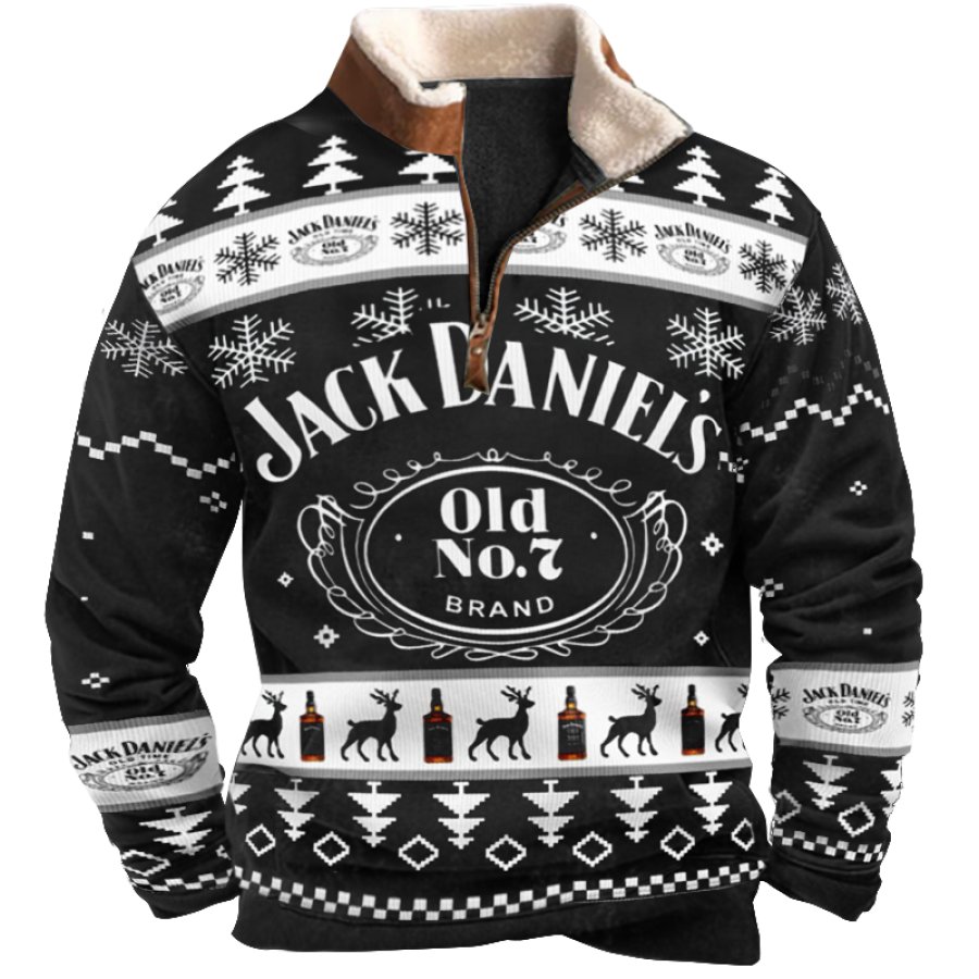 

Men's Vintage Jack Daniel's Ugly Christmas Print Fleece Collar Quarter Zip Stand Collar Sweatshirt