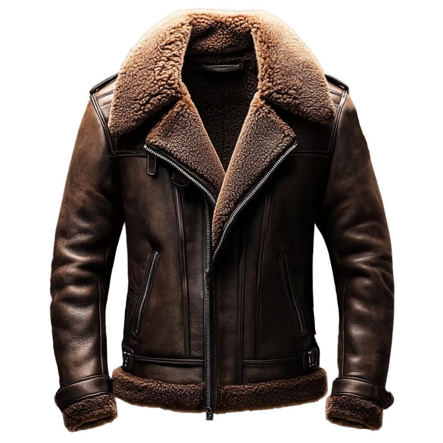 

Men's Vintage Leather Fleece Fur Reverse Collar Shearling Jacket