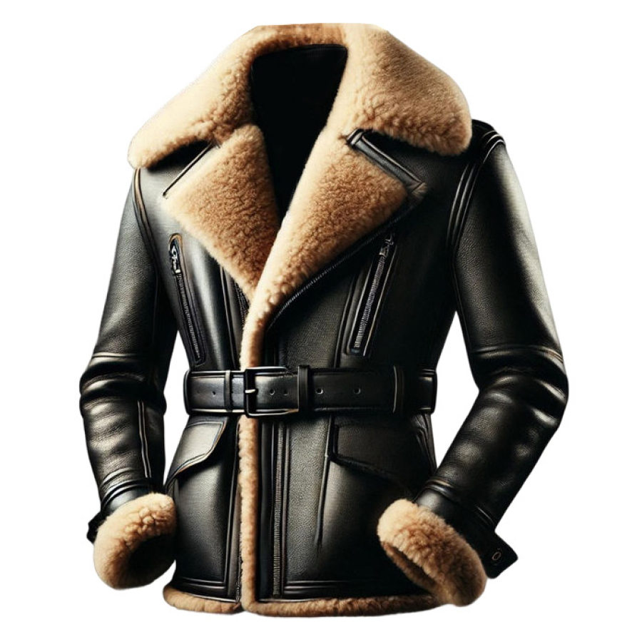 

Men's Vintage Leather Fleece Fur Reverse Collar Shearling Jacket