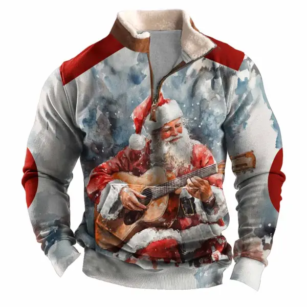 Men's Vintage Santa Claus Plays Guitar Print Fleece Collar Quarter Zip Stand Collar Ugly Christmas Sweatshirt - Wayrates.com 