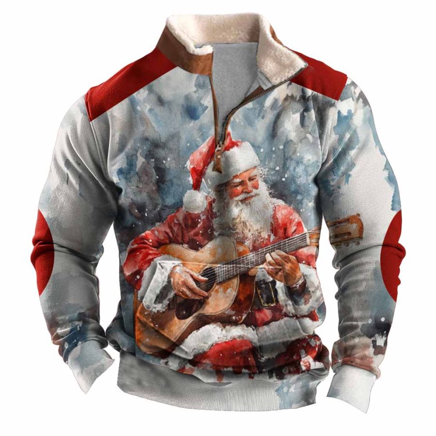 

Men's Vintage Santa Claus Plays Guitar Print Fleece Collar Quarter Zip Stand Collar Ugly Christmas Sweatshirt