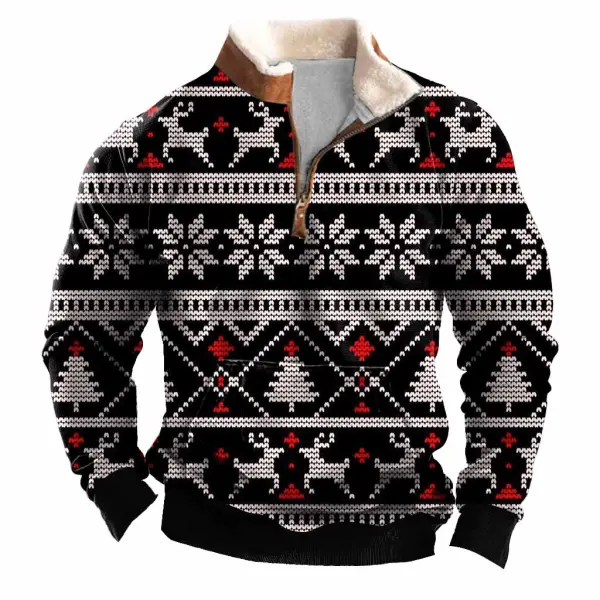 Men's Vintage Snowflake Christmas Tree Elk Print Fleece Collar Quarter Zip Stand Collar Ugly Christmas Sweatshirt - Wayrates.com 