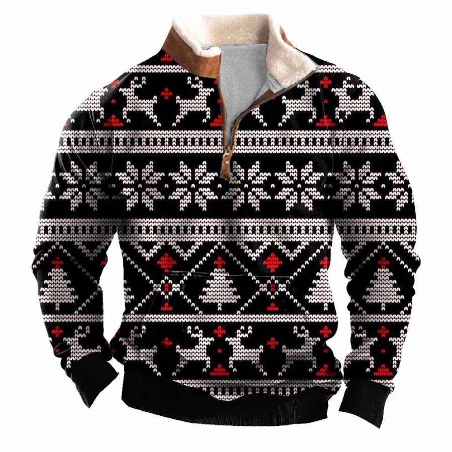 

Men's Vintage Snowflake Christmas Tree Elk Print Fleece Collar Quarter Zip Stand Collar Ugly Christmas Sweatshirt