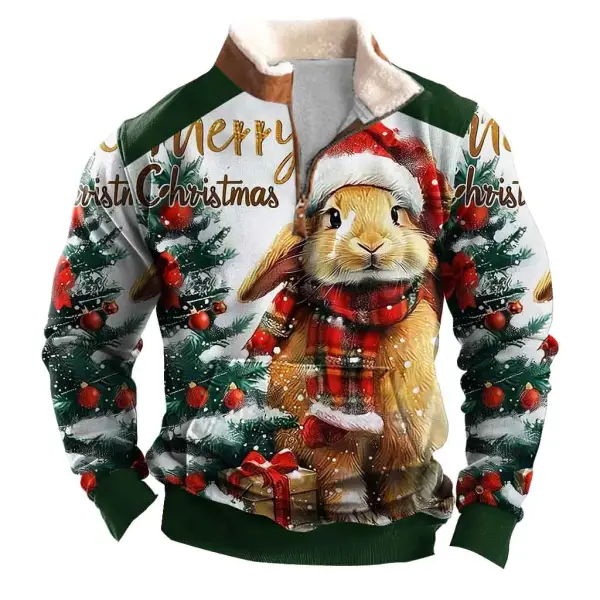 Men's Vintage Merry Christmas Tree Bunny Print Fleece Collar Quarter Zip Stand Collar Ugly Christmas Sweatshirt - Wayrates.com 