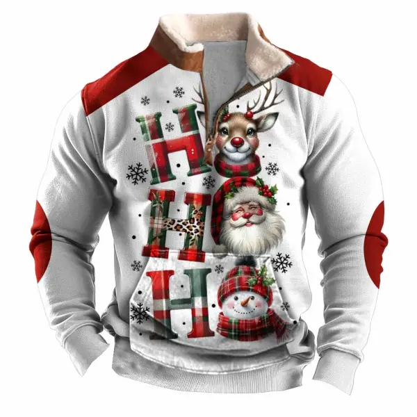 Men's Vintage Santa Elk Snowman Print Fleece Collar Quarter Zip Stand Collar Ugly Christmas Sweatshirt - Wayrates.com 