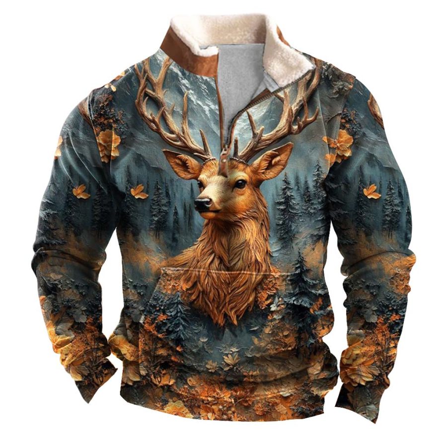 

Men's Vintage Forest Elk Print Fleece Collar Quarter Zip Stand Collar Ugly Christmas Sweatshirt