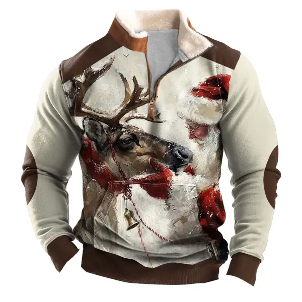 Men's Vintage Santa Elk Print Fleece Collar Quarter Zip Stand Collar Ugly Christmas Sweatshirt - Wayrates.com 