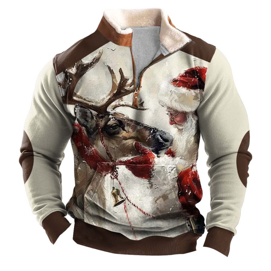 

Men's Vintage Santa Elk Print Fleece Collar Quarter Zip Stand Collar Ugly Christmas Sweatshirt