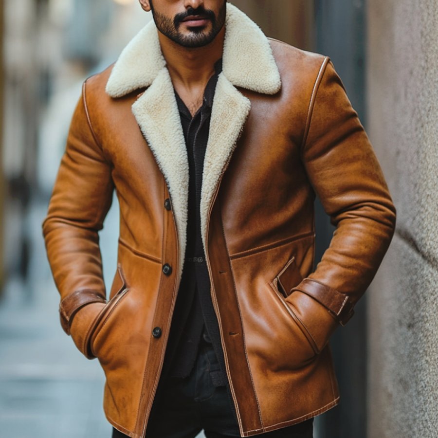 

Men's Vintage Leather Fleece Fur Reverse Collar Mid-Length Coat Sherpa Collar Jacket